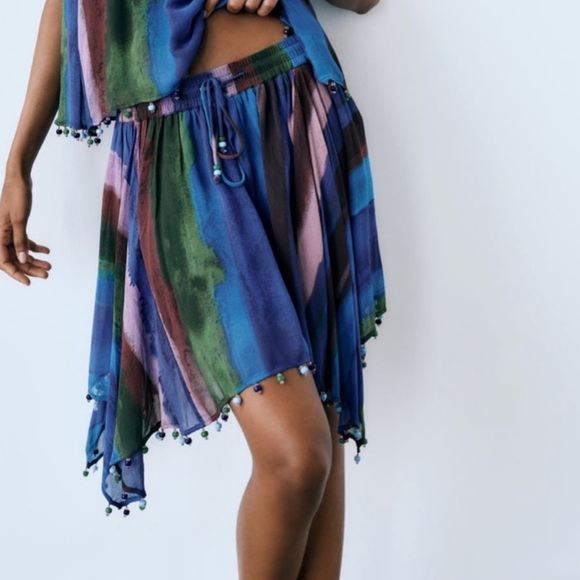 NEW| ZARA Handkerchief Boho Gypsy Beaded Hem Mini Skirt - Picture 5 of 9